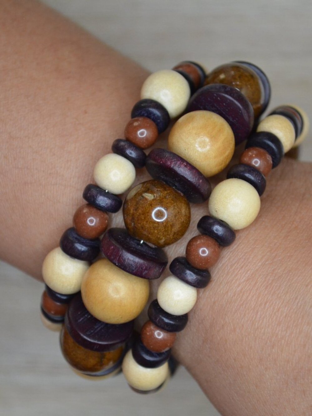 Brown Sunstone Style Stone & Ceramic Bead Wood Wrap Bracelet